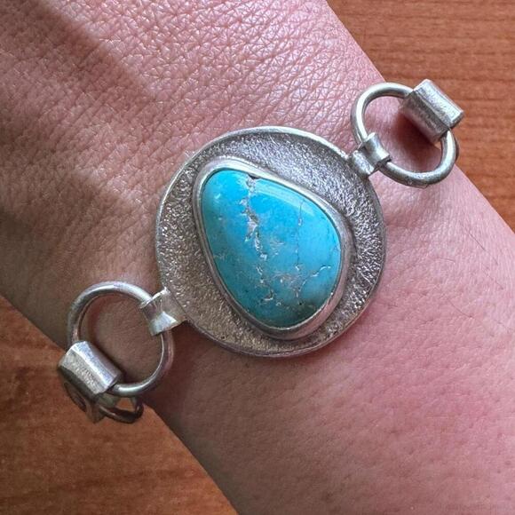 Joel Pajarito Sterling Tufa Cast Natural Turquoise Link Bracelet For Women #1